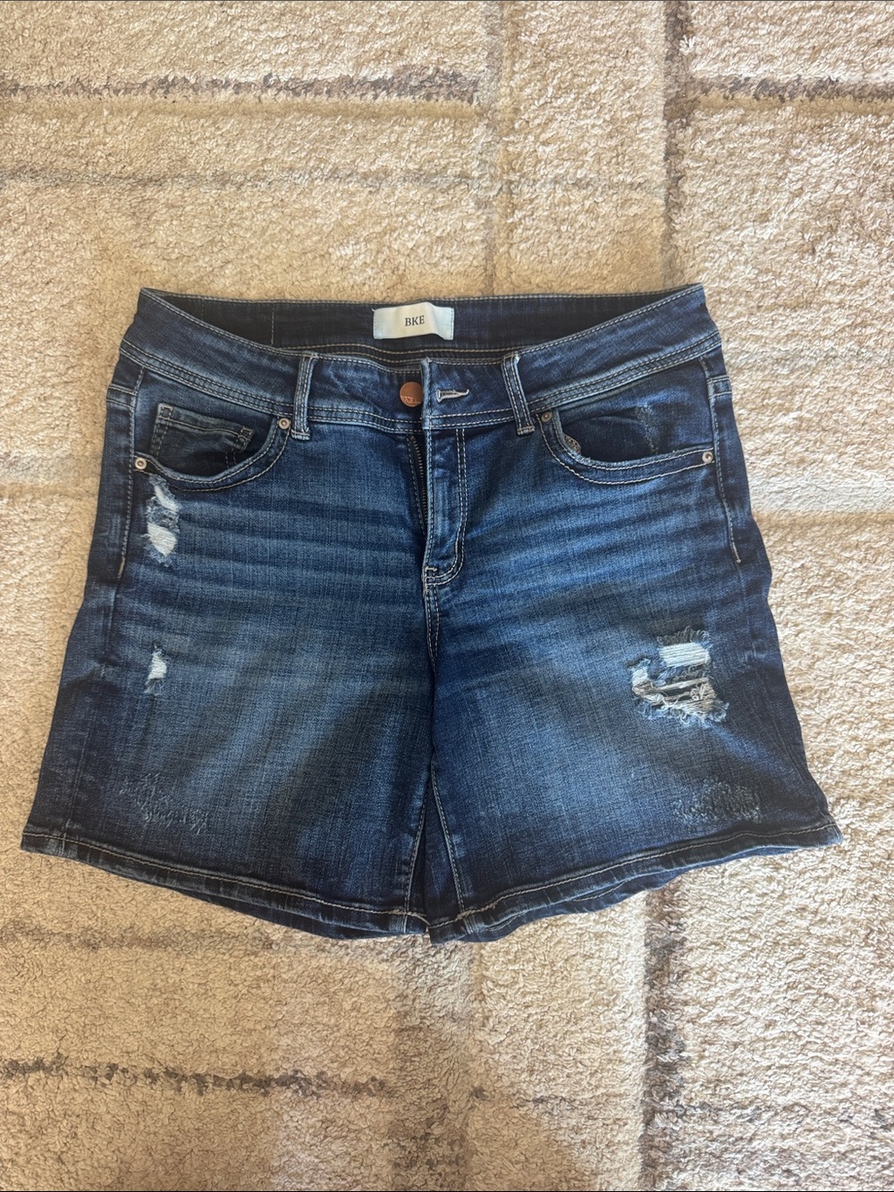BKE Women's Dark Blue Distressed Denim Shorts